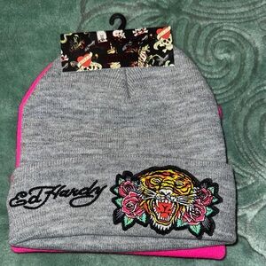Ed Hardy Beanie with Tiger Design - Gray and Pink